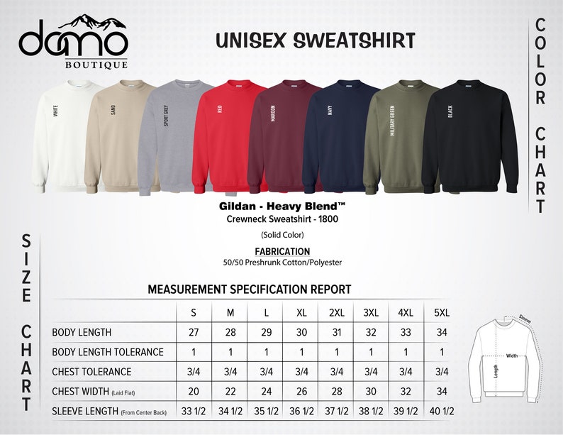 May include: Unisex sweatshirt size chart with measurements in inches. The chart shows the body length, body length tolerance, chest tolerance, chest width, and sleeve length for sizes S through 5XL. The chart is labeled "Gildan - Heavy Blend&trade; Crewneck Sweatshirt - 1800 (Solid Color)" and "FABRICATION 50/50 Preshrunk Cotton/Polyester".