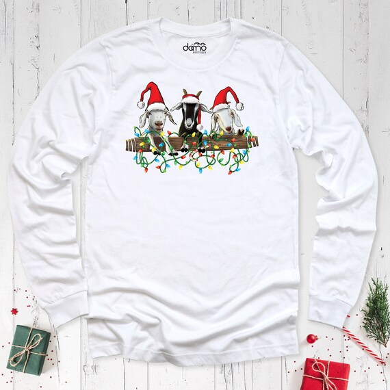 Goat Christmas Light Long Sleeve Shirt, Santa Hat Goats Christmas Sweatshirt, Funny Farmer Christmas Hoodie, Farm Animals Lover Xmas Tshirt