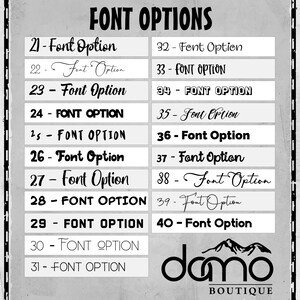 以下が含まれることがあります： 「FONT OPTIONS」というタイトルのグレーのチャート。筆記体からブロック体まで、様々な書体で「Font Option」と記された20行の番号付きテキストサンプルが表示されています。右下隅には「damo BOUTIQUE」のロゴがあります。