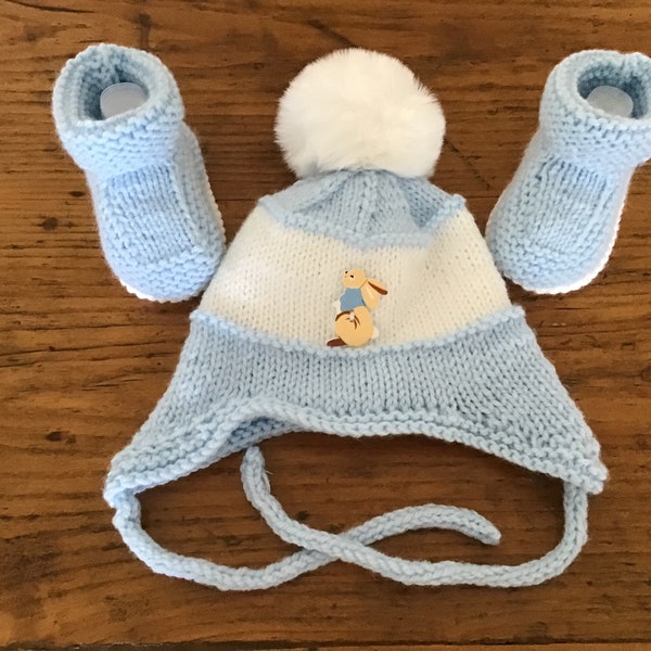 Knitted Baby Boy Hat And Booties Set - Peter Rabbit - Size 3 to 6 Months