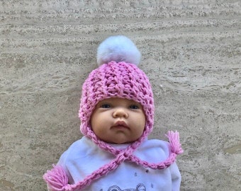 Crochet Baby Girl Hat - Pom Pom Hat With Tie Cords