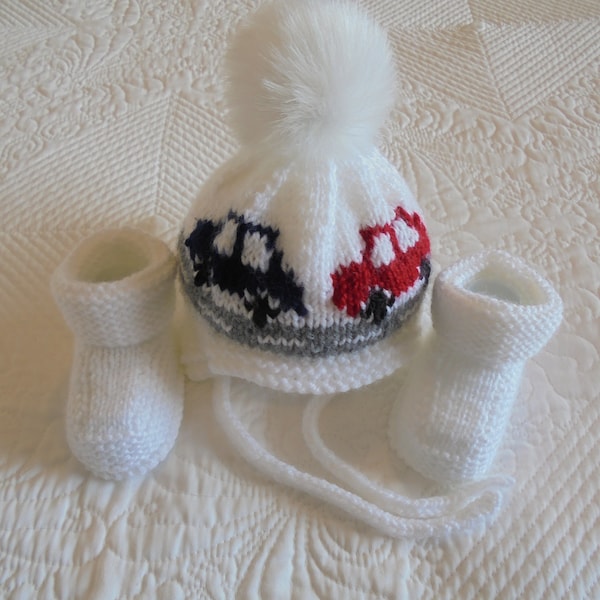 Instant download knitting pattern baby boy hat and booties, baby car hat and boots - makes four sizes