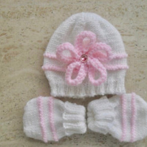 Instant download knitting pattern baby girl hat & mittens  - super quick and super easy - makes 4 sizes