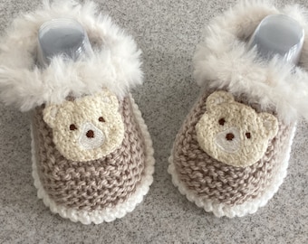 Knitted Baby Teddy Slippers, Baby Booties Unisex - Size 0 to 3 Months