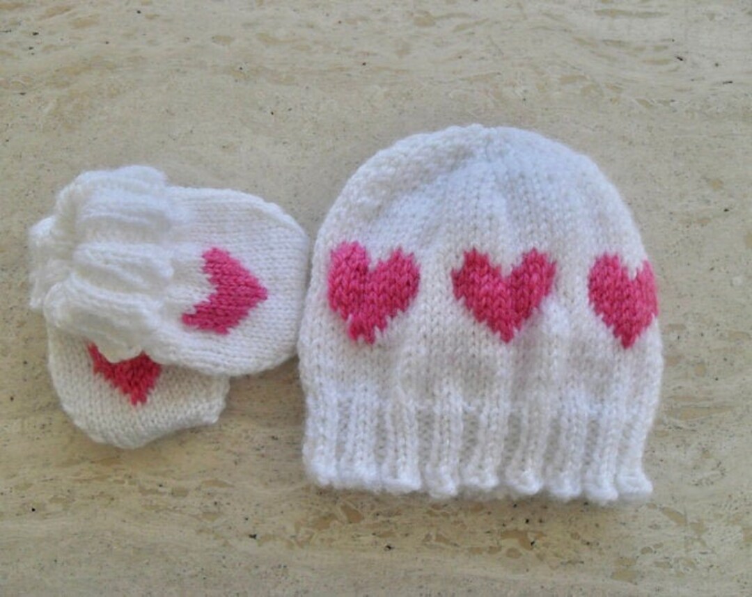 Instant Download Knitting Pattern Baby Girl Hat & Mittens Love Hearts