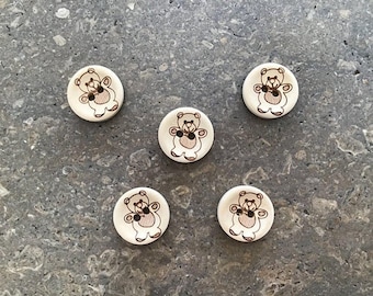 Ten Round Wooden Baby Bear Buttons - Size 15mm