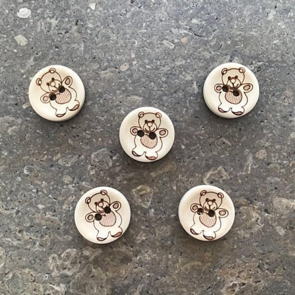 Ten Round Wooden Buttons, Baby Bear Buttons - Size 20mm