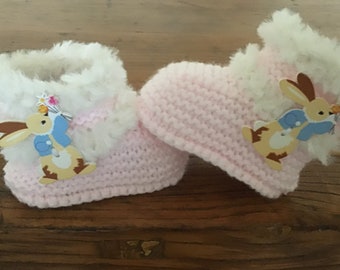 Knitted Baby Girl Booties - Peter Rabbit - Size 0 to 3 Months