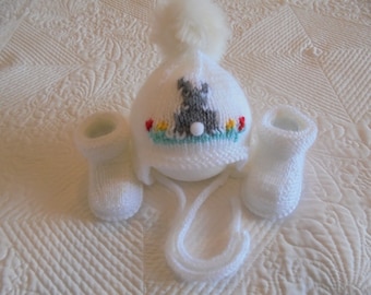 Instant download knitting baby hat and booties - unisex rabbit hat pattern makes four sizes