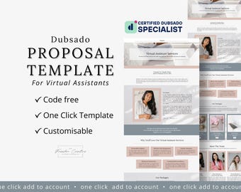 Könnte beinhalten: Eine digitale Angebotsvorlage für virtuelle Assistenten mit dem Text "Dubsado PROPOSAL TEMPLATE" und "Code free, One Click Template, Customisable". Das Design umfasst Bilder und ein Farbschema aus Weiß, Grau und Rosa.