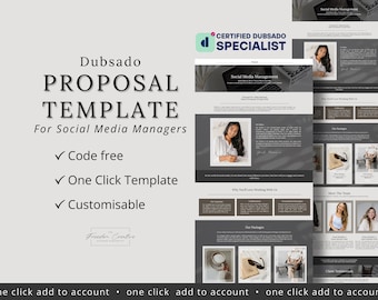 Könnte beinhalten: Eine digitale Angebotsvorlage für Social-Media-Manager. Das Design zeichnet sich durch ein klares Layout mit einem grau-weißen Farbschema aus. Der Text enthält "Dubsado Proposal Template" und "Code free". Das Bild enthält auch den Text "Certified Dubsado Specialist".