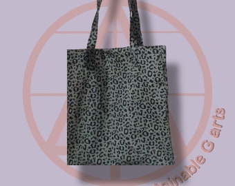 Bolso tote/bolso de tela/bolso de yute/bolso ~ Patrón Leo ~ en verde/caqui a gris-plateado con negro *nuevas dimensiones*