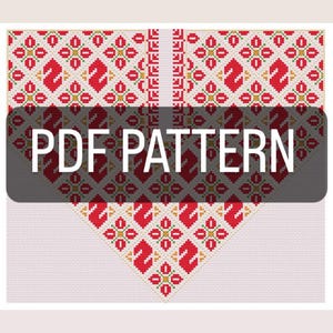 May include: A PDF pattern with a geometric design in red, yellow, and white. The pattern features repeating floral and diamond shapes. The words "PDF PATTERN" are displayed across the center of the image.