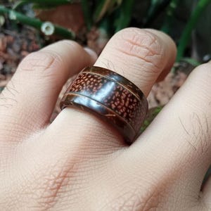 Może przedstawiać: Ciemnobrązowy pierścionek z teksturowanym, czerwonobrązowym środkowym pasmem jest noszony na palcu. Pierścionek ma gładki, wypolerowany wygląd z pasmem czerwonobrązowych kropek. Pierścionek jest wykonany z drewna i jest unikatową biżuterią.