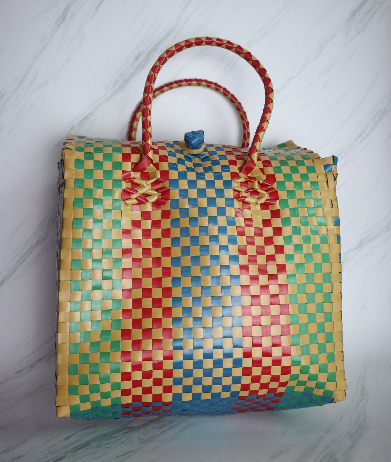 Hand Woven Square Bag / Plastic Beach Bag Picnic Basket Bag Etsy