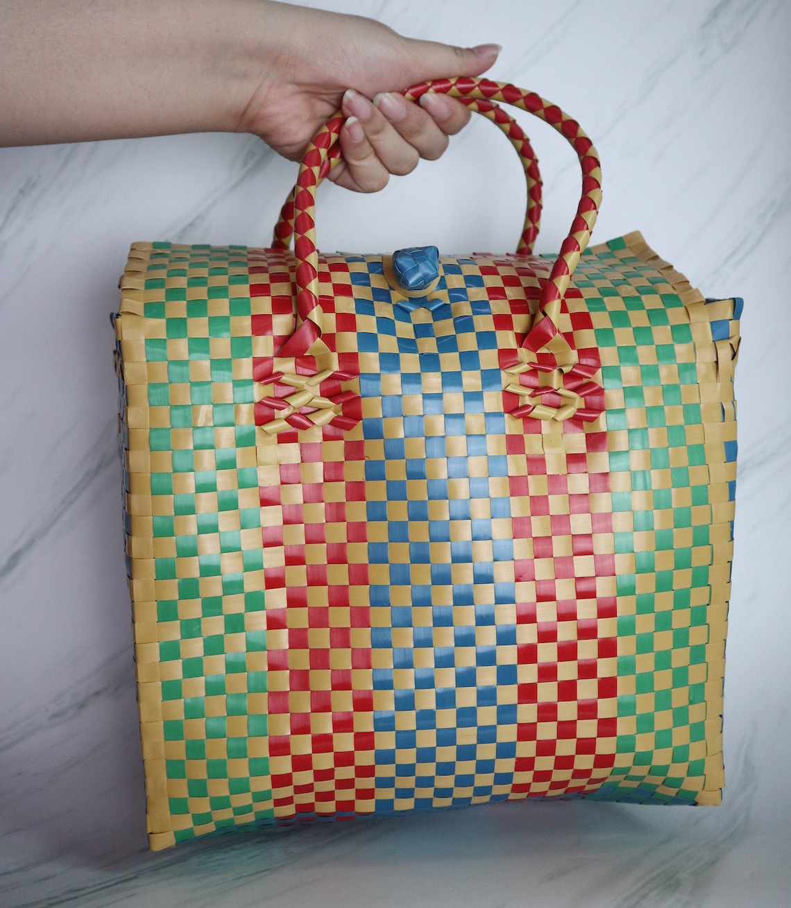 Hand Woven Square Bag / Plastic Beach Bag Picnic Basket Bag Etsy