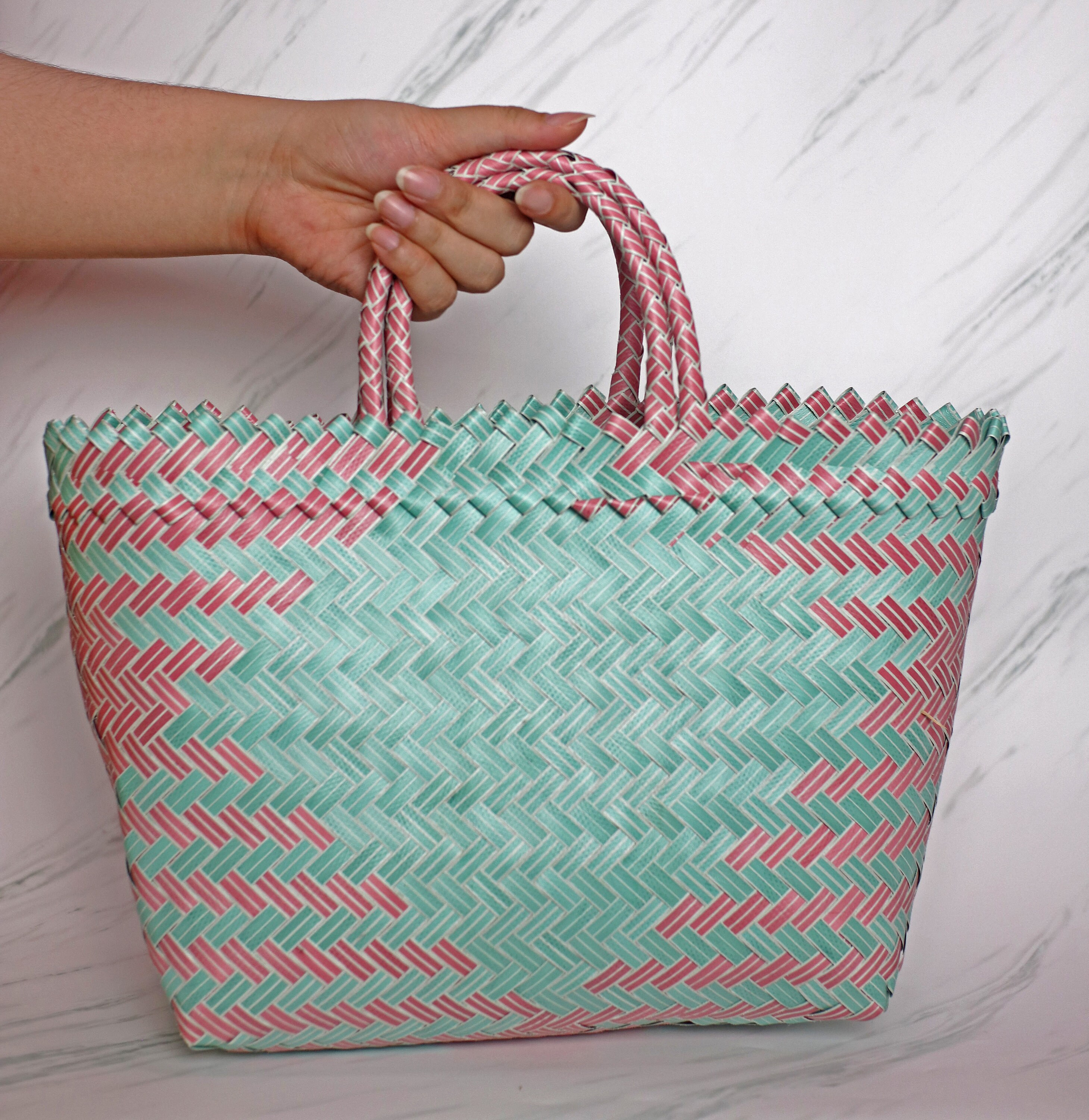 Hand Woven Plastic Tote Bag / Plastic Beach Bag Picnic Basket Etsy