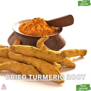 Raíz seca entera 100 % natural y orgánica / Curcuma longa / Curcuma en polvo 1-4 oz, especia para cocinar, hornear y cuidar la salud - Curcumina