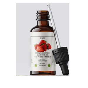 May include: A brown glass bottle with a dropper containing strawberry seed essential oil. The label reads "BADE STRAWBERRY SEED ESSENTIAL OIL %100 PURE & NATURAL" and includes a list of ingredients and extraction method. The label also states "100% ORGANIC".