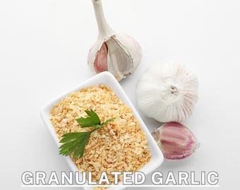 Ajo granulado natural orgánico, especia de primera calidad para cocinar, condimentar y dar sabor / Fresco y aromático / Sin OGM 1-4 oz, gránulos