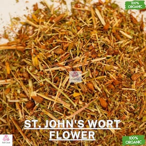 May include: Dried St. John's Wort flower, 100% organic, loose herbs, brown and green, with a yellow tint, in a pile.