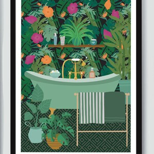 May include: A green bathtub with gold fixtures sits in a bathroom with a tropical wallpaper design. The bathroom has a towel rack with a green striped towel and a green towel. There are plants in pots on the floor.