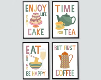 Kitchen Prints - Food Prints for Kitchen -Coffee and Tea Prints - Boho Kitchen Prints - Colourful Kitchen Art - Kitchen Print Set - Food Art