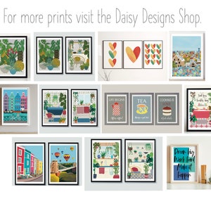 May include: A collection of framed prints featuring various designs, including cityscapes, plants, and inspirational quotes. The prints are in black frames and have a white background. The text on the prints includes "Life Begins After Coffee", "Tea", "Cooking is Love", and "Dream Big Work Hard Make it Happen".