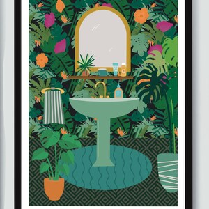 May include: A green bathroom sink with a gold faucet and a mirror above it. The sink is surrounded by tropical plants and flowers. The floor is covered in a geometric pattern.