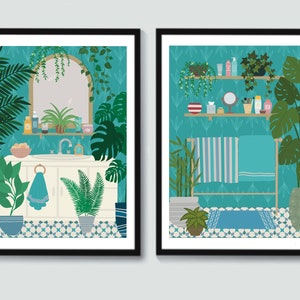 Bathroom Art Prints - Blue Bathroom Prints - Aqua Bathroom Prints -Set of Two - Bathroom Prints - Blue Bathroom Decor -Botanical Prints