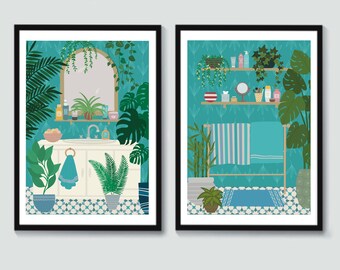Bathroom Art Prints - Blue Bathroom Prints - Aqua Bathroom Prints -Set of Two - Bathroom Prints - Blue Bathroom Decor -Botanical Prints
