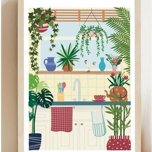 May include: A kitchen illustration with a white sink, cabinets, and countertops. The kitchen is decorated with various plants, including a hanging plant, a potted monstera plant, and a potted bamboo plant. There is a red and white checkered dish towel hanging on the cabinet door.