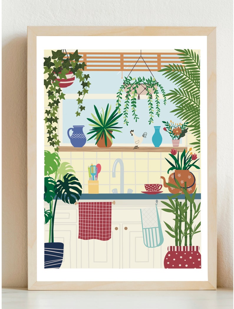 May include: A kitchen illustration with a white sink, cabinets, and countertops. The kitchen is decorated with various plants, including a hanging plant, a potted monstera plant, and a potted bamboo plant. There is a red and white checkered dish towel hanging on the cabinet door.