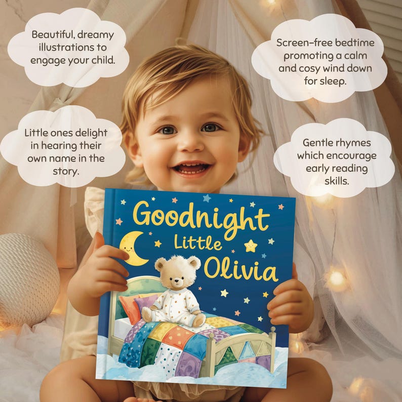 May include: A smiling child holds a children's book titled "Goodnight Little Olivia." The book cover is blue with a crescent moon, stars, and a teddy bear on a bed. Text bubbles highlight features like dreamy illustrations and gentle rhymes.