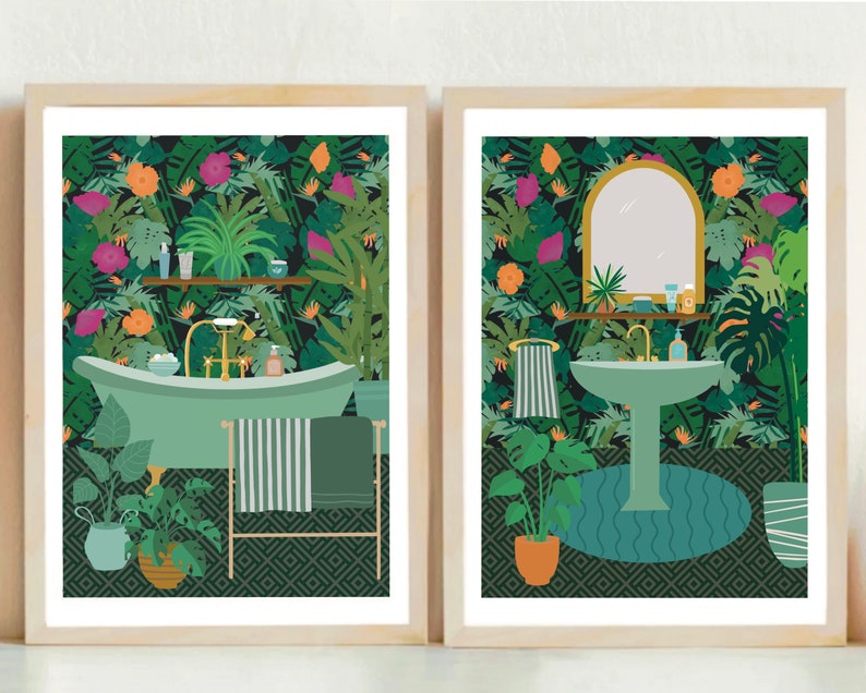 May include: Two framed illustrations of a bathroom with a tropical theme. The first illustration shows a bathtub with a green and white striped towel hanging on a rack. The second illustration shows a sink with a round mirror above it. Both illustrations feature a green and black patterned background with tropical plants and flowers.