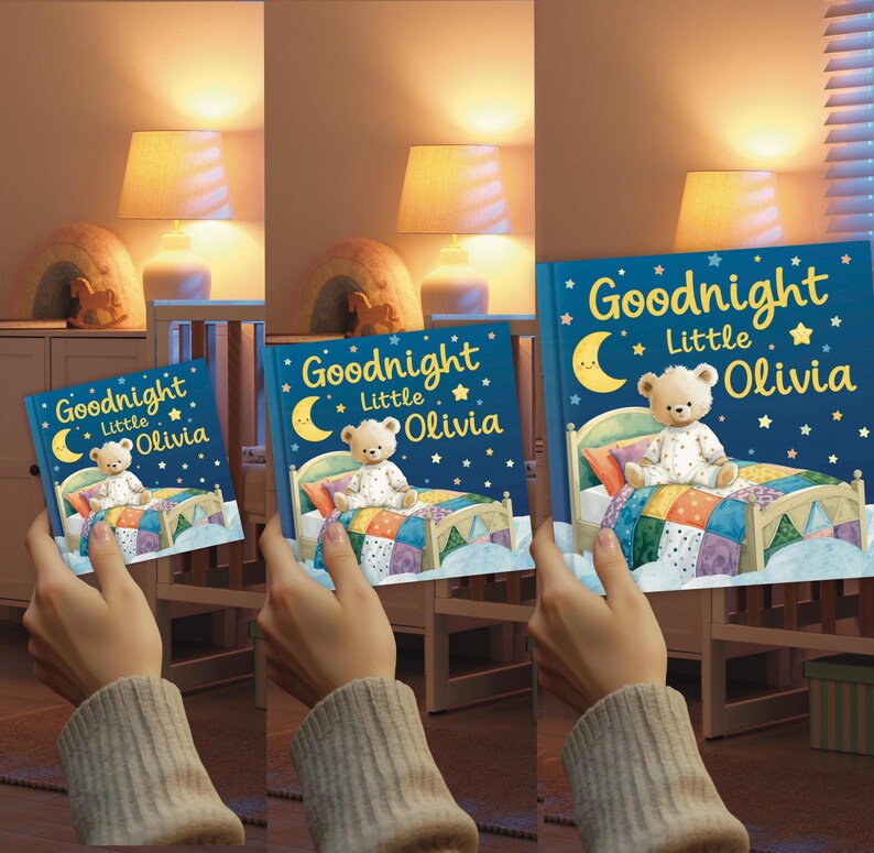 May include: A children's book titled "Goodnight Little Olivia" with a blue cover featuring a teddy bear in pajamas on a bed. The cover also includes a crescent moon, stars, and the title in white and yellow.