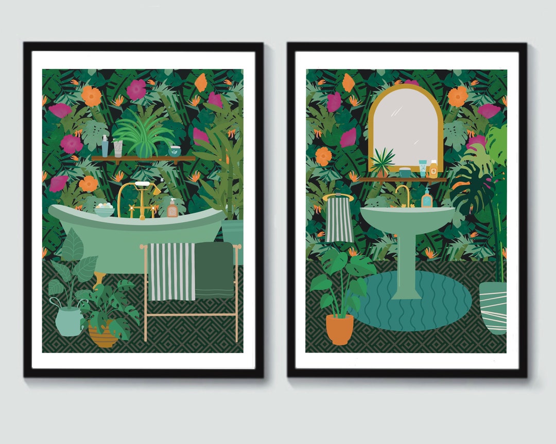 Bathroom Art Prints - Green Bathroom Prints - Green Bathroom Decor -set of Two - Art for ...