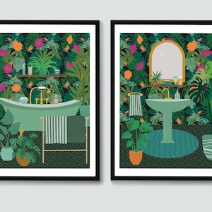 May include: Two framed prints of a bathroom with a tropical theme. The first print shows a green bathtub with a gold faucet and a green towel rack with a striped towel. The second print shows a green pedestal sink with a gold faucet and a round mirror. Both prints feature a green and black geometric pattern on the floor.