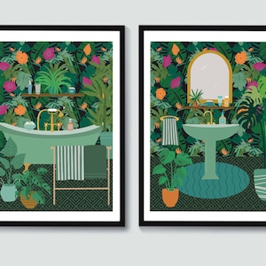 Bathroom Art Prints - Green Bathroom Prints - Green Bathroom Decor -Set of Two - Art for Bathroom -Bathroom Prints - Botanical Prints