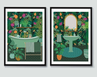 Bathroom Art Prints - Green Bathroom Prints - Green Bathroom Decor -Set of Two - Art for Bathroom -Bathroom Prints - Botanical Prints