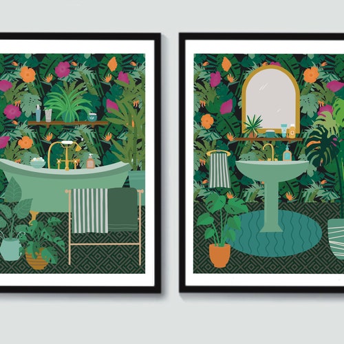 Bathroom Art Prints Set of Two Bathroom Prints Botanical Etsy UK