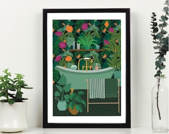 Bathroom Wall Art Print, Botanical Bathtub, Watercolor Botanical Print, Green Bathroom Art ...
