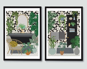 Bathroom Art Prints - Set of Two - Bathroom Prints - Black and White bathroom Prints - Black and White Bathroom Decor -Botanical Prints