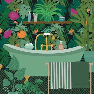 May include: A green bathtub with gold fixtures sits in a bathroom with a tropical jungle wallpaper. Two potted plants are on the floor, and a towel rack with a striped towel and a solid green towel is in the background.