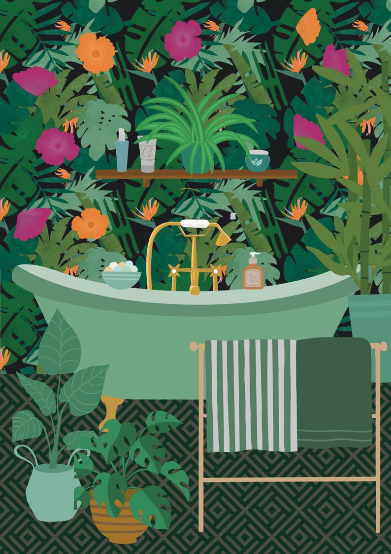 May include: A green bathtub with gold fixtures sits in a bathroom with a tropical jungle wallpaper. Two potted plants are on the floor, and a towel rack with a striped towel and a solid green towel is in the background.