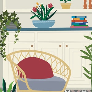 May include: A white wicker chair with a red cushion sits in front of a white cabinet with a shelf above. The shelf has a blue bowl with green plants and red flowers, a stack of books, and a potted plant with green leaves.