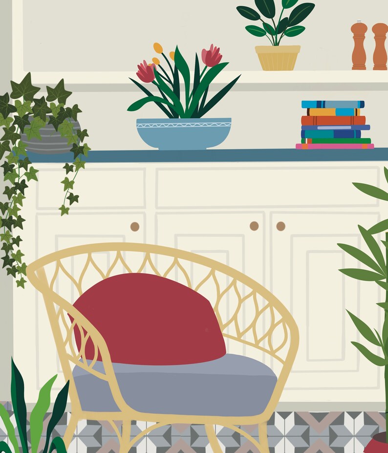 May include: A white wicker chair with a red cushion sits in front of a white cabinet with a shelf above. The shelf has a blue bowl with green plants and red flowers, a stack of books, and a potted plant with green leaves.