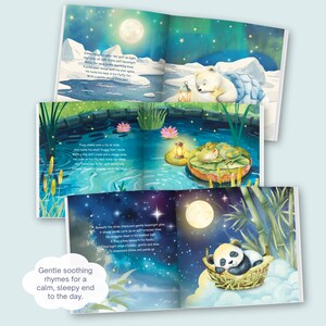 May include: A children's book with illustrations of a polar bear, frogs, and a panda in a bamboo basket. The illustrations are set in a nighttime scene with a full moon and stars. Text on the page reads "Gentle soothing rhymes for a calm, sleepy end to the day."
