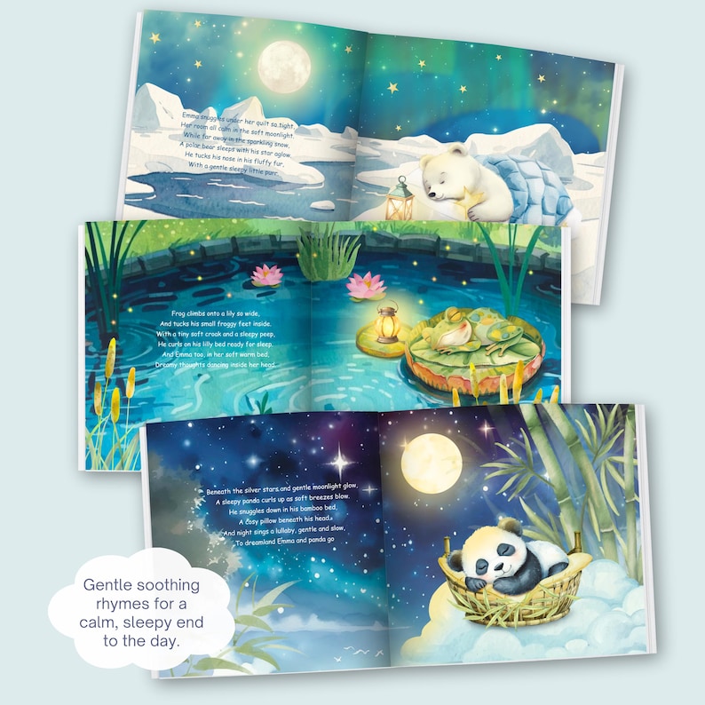 May include: A children's book with illustrations of a polar bear, frogs, and a panda in a bamboo basket. The illustrations are set in a nighttime scene with a full moon and stars. Text on the page reads "Gentle soothing rhymes for a calm, sleepy end to the day."