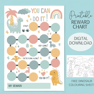 May include: Printable dinosaur reward chart featuring a colourful game board and a free colouring sheet. The chart has a dinosaur theme with a rainbow, stars, and a palm tree. The game board has circles in different colours and a path to follow. The colouring sheet shows a dinosaur family in a jungle setting.